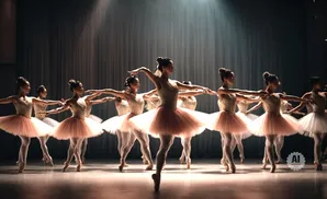 Ballerinas in pink tutus perform on stage under spotlights, with a dark curtain behind them.