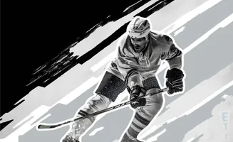 A black and white image of a hockey player in mid-action, with stylized brush strokes in the background.