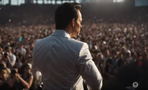 Man in a white suit on stage addressing a large crowd at a concert.
