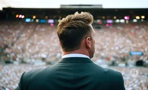 Man in a suit facing away from the camera, looking at a large, blurred crowd in a stadium.