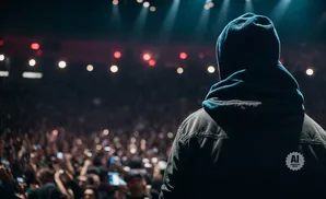 Person in a hoodie facing a large, cheering crowd at a concert.