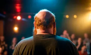 Back view of a bald man with red hair and beard on a stage, illuminated by stage lights.