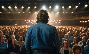 A man in a denim jacket faces a large audience under stage lights.