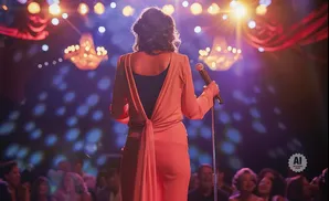 Singer on stage holding microphone, facing away from camera, with audience and chandeliers in background.