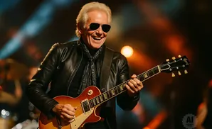 A smiling man with white hair wears sunglasses and a leather jacket, playing a red electric guitar on stage.