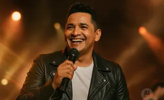 Man in a black leather jacket singing into a microphone on stage with warm lighting.