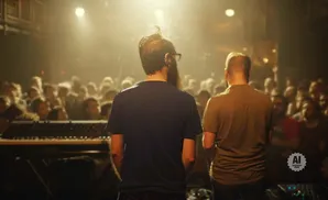 Two men stand on a stage facing a crowd, with a keyboard in front of them, bathed in stage lights.
