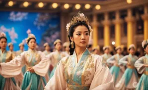 A woman in traditional Chinese attire, with others in the background.