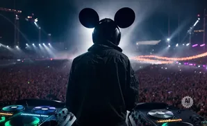 DJ wearing Mickey Mouse ears stands at a console in front of a cheering crowd at a concert.