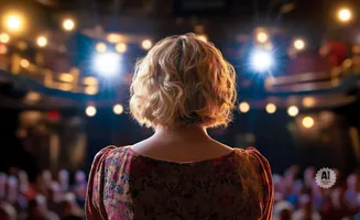 A woman with blonde, curly hair stands with her back to the camera, facing a brightly lit stage with an audience.