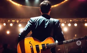 A guitarist in a suit plays an acoustic-electric guitar on a dimly lit stage with spotlights.