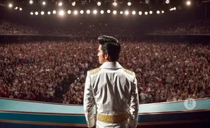 Elvis Presley stands on stage, facing a massive cheering crowd in a stadium, bathed in stage lights.