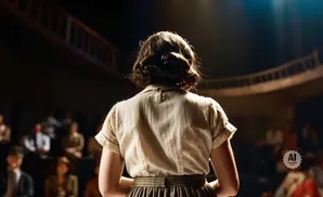 Woman in a light-colored shirt and plaid skirt addresses an audience from a stage.