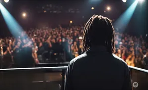A performer with dreadlocks faces a cheering crowd under stage lights.