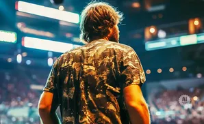 A person from behind wearing a camouflage shirt on a stage with a crowd in the background.