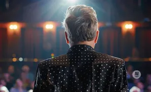 Person in a black polka-dot shirt with gray hair, facing away from the camera, illuminated by stage lights.