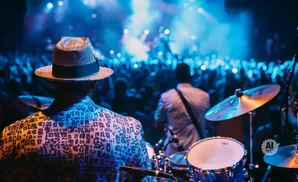 Musicians playing drums on stage with a blue-lit crowd in the background.