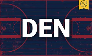 A basketball court with red lines and a distressed navy blue background. A yellow banner with a basketball is in the upper right corner.