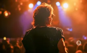 A person with short, dark, messy hair stands on a stage, facing away from the camera, bathed in warm, orange and purple stage lights.