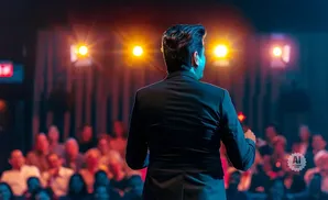 A man in a suit faces away from the camera on a stage, speaking to a blurred audience.