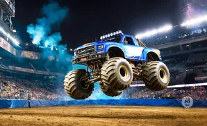 A blue monster truck jumps over a dirt track with stadium seating and lights in the background.