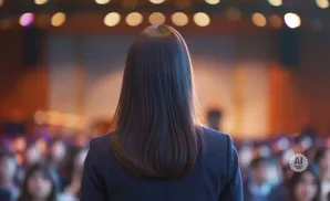 Back view of a woman with long dark hair in a navy blazer, speaking to an audience in a softly lit room.