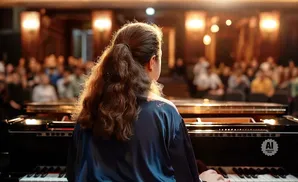 A person plays the piano for an audience in a dimly lit hall.