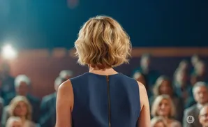 Woman with blonde bob haircut speaking to a blurred audience from behind, wearing a navy blue dress.