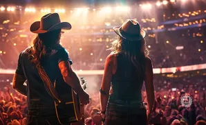 Two country musicians in cowboy hats perform on stage with a cheering crowd and bright lights.