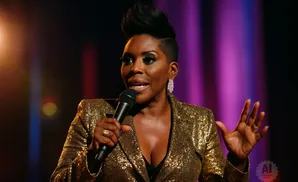 Comedian Sheryl Underwood in a gold sequined jacket, holding a microphone and speaking on stage.