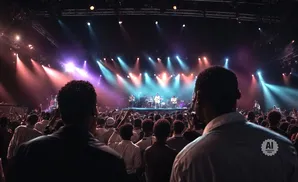 Concert crowd facing a band on a brightly lit stage.