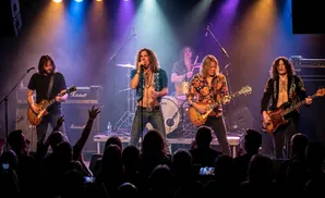 A rock band performs live on stage with a drummer, bassist, and two guitarists under colorful spotlights.