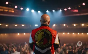Bald man in a red, black, and white jacket with a circular emblem on the back, stands on a stage facing an audience.