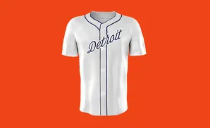 A white Detroit Tigers baseball jersey with navy trim and 