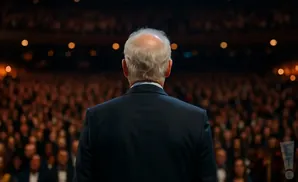 Man in suit speaking to a large, dimly lit audience in a theater.