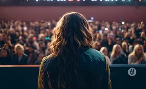 A person with long, wavy hair stands with their back to the camera, facing a blurred audience in a theater.