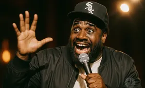 A Black man wearing a black baseball cap and jacket, holding a microphone and gesturing with his hand.