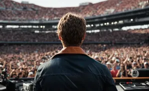 Man in denim jacket with brown collar facing a large, cheering stadium crowd.