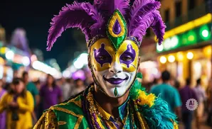 A person in a colorful Mardi Gras mask and costume stands in a crowd at night, with blurred lights in the background.