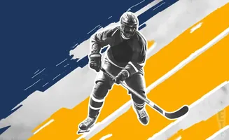 A hockey player in mid-action, poised to shoot, against a backdrop of blue, yellow, and white abstract stripes.