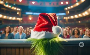 The Grinch in a Santa hat with bright green fur sits in front of a blurred audience in a theater.