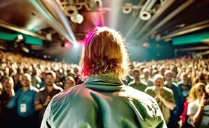 A person with pink-streaked blonde hair faces a large, blurred crowd in a concert venue, bathed in stage lights.