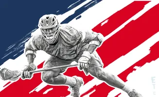 A lacrosse player in mid-action, with a US flag-inspired background.