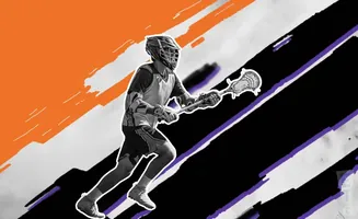 A lacrosse player in mid-stride, holding a stick against a dynamic background of orange and black stripes.