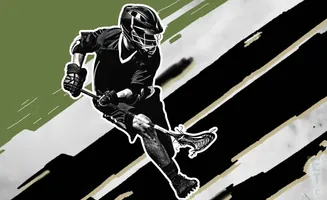 A lacrosse player in motion, with a dynamic, abstract background.