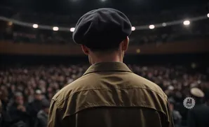 Man wearing a beret and jacket faces a large, blurred audience in a theater.