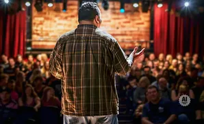 A man in a plaid shirt speaks to a blurred audience on stage, lit by stage lights.