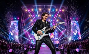 Musician on stage with guitar, facing a cheering crowd under purple and pink lights.