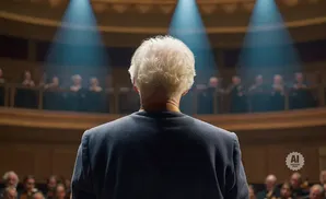 Back of a conductor with white hair in a dark suit facing an orchestra and audience, under spotlights.