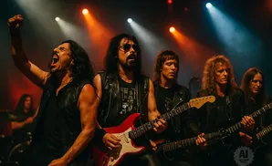 A heavy metal band performs on stage with flashing red and blue lights.